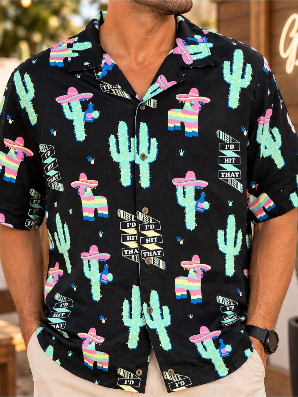XL | Party Pants | Black Piñata Cactus Button-Up Party Shirt